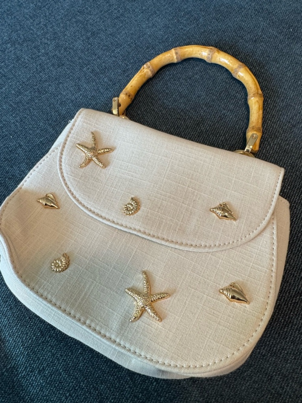 Coastal Cream Starfish Embellished Top-Handle Bag with Bamboo Handle - Picture 2 of 5